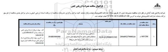 فراخوان مناقصه سایکلون برج احیاء واحد کت کرار به همراه متعلقات کامل شامل هنگرها و لوله های متصل بریسینگها و فلاپر...