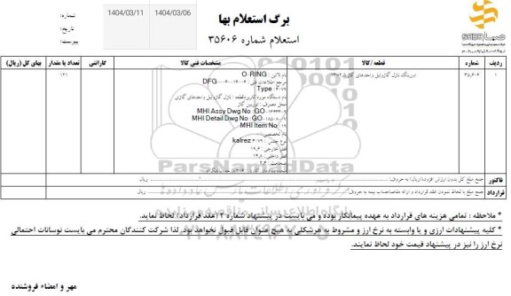 استعلام اورینگ نازل گازوئیل واحدهای گاز 2.5+13 