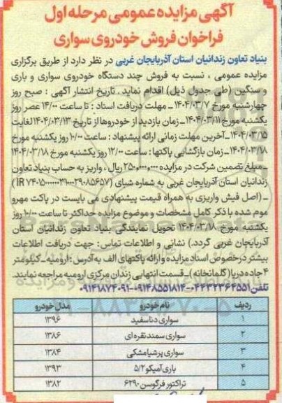 مزایده عمومی مرحله اول فراخوان فروش خودروی سواری