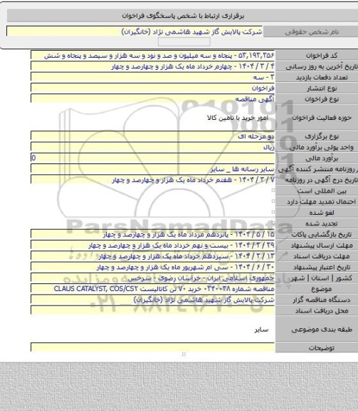 مناقصه, مناقصه شماره ۰۳۴۰۰۳۸ خرید ۷۰ تن کاتالیست CLAUS CATALYST, COS/CS۲