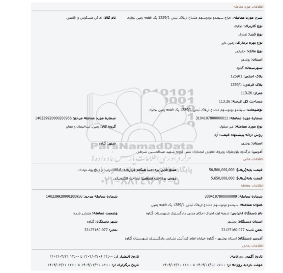 مزایده، سیصدو نودوسهم مشاع ازپلاک ثبتی 1259/1 یک قطعه زمین تجاری