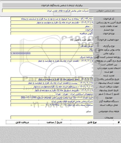 مناقصه, خرید تعداد ۳۵۰۰۰۰۰ عدد پلمب کابلی طی تقاضای شماره DSS-۰۳۰۱۴-TR