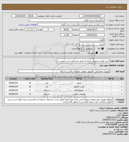 استعلام خرید لوازم و تجهیزات رایانه ای طبق مشخصات لیست پیوست