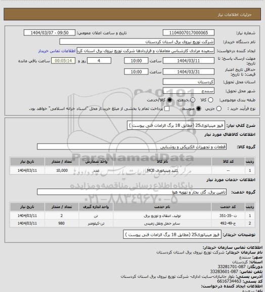 استعلام فیوز مینیاتوری25   (مطابق 18 برگ الزامات فنی پیوست )