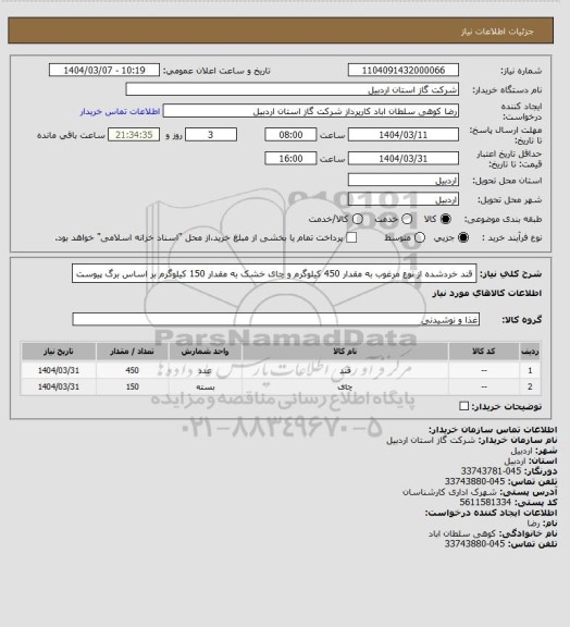 استعلام قند خردشده از نوع مرغوب به مقدار 450 کیلوگرم و چای خشک به مقدار 150 کیلوگرم بر اساس برگ پیوست