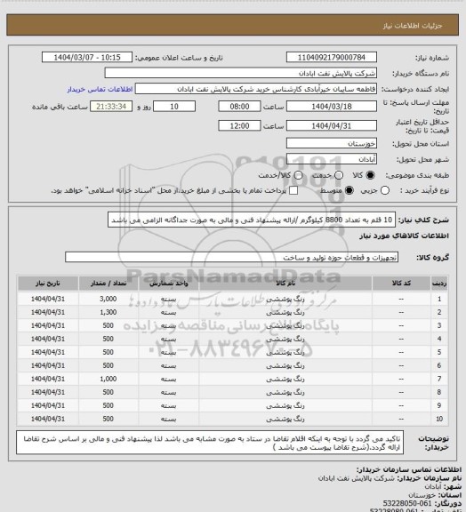 استعلام 10 قلم به تعداد 8800 کیلوگرم /ارائه پیشنهاد فنی و مالی به صورت جداگانه الزامی می باشد