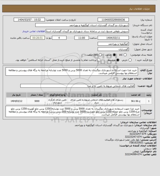 استعلام خرید غذا جهت استفاده شهرداری دوگنبدان به تعداد 5000 پرس و 5000 عدد نوشابه
مراجعه به برگه های پیوستی و مطالعه استعلام بها پیوستی الزامی میباشد.