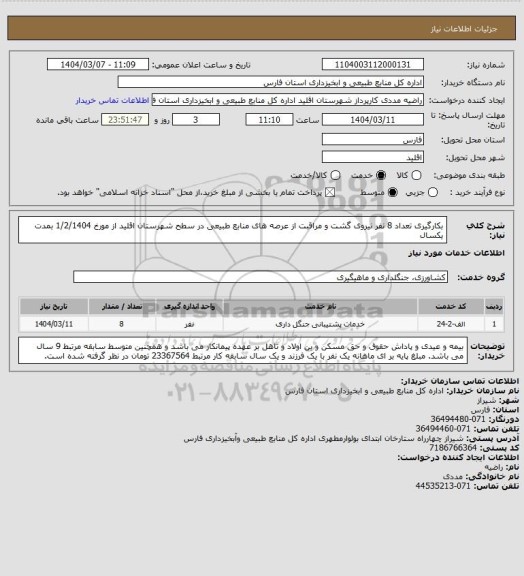 استعلام بکارگیری تعداد 8 نفر نیروی گشت و مراقبت از عرصه های منابع طبیعی در سطح شهرستان اقلید از مورخ 1/2/1404 بمدت یکسال