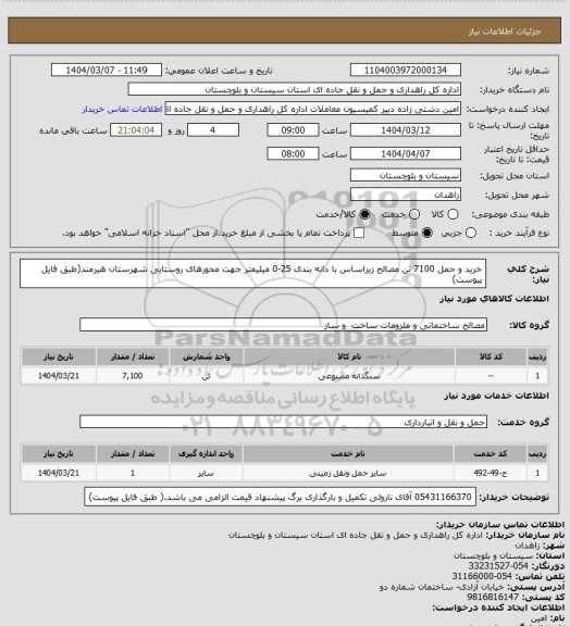 استعلام خرید و حمل 7100 تن مصالح زیراساس با دانه بندی 25-0 میلیمتر جهت محورهای روستایی شهرستان هیرمند(طبق فایل پیوست)
