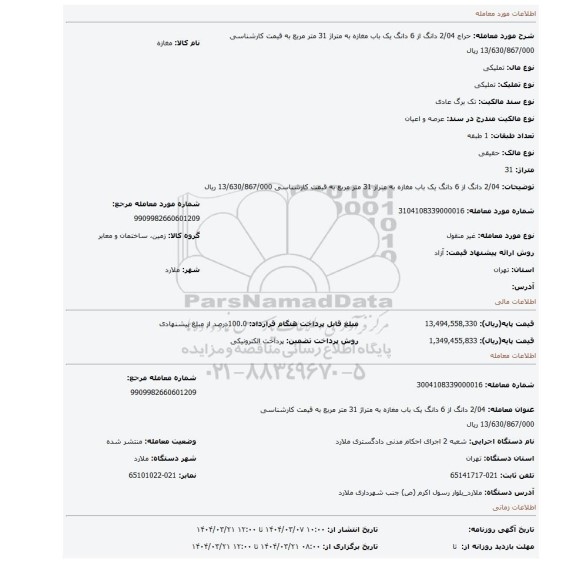 مزایده، 2/04 دانگ از 6 دانگ یک باب مغازه به متراژ 31 متر مربع به قیمت کارشناسی 13/630/867/000 ریال