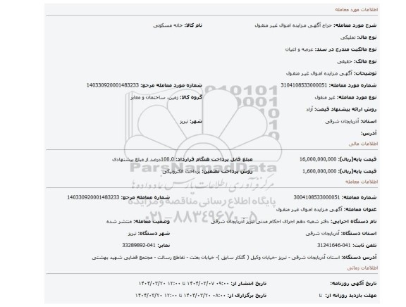 مزایده، آگهـی مـزایده امـوال غیـر منقـول