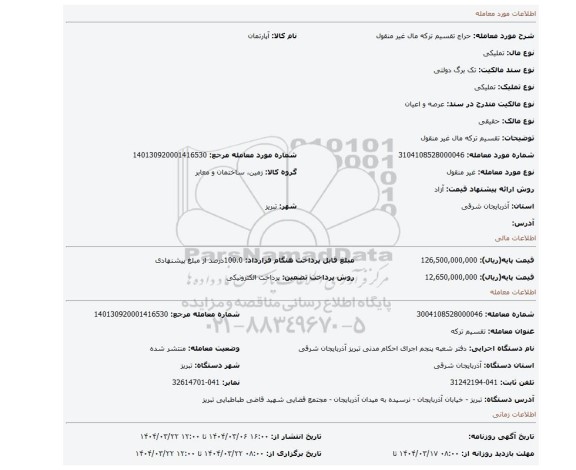 مزایده، تقسیم ترکه مال غیر منقول