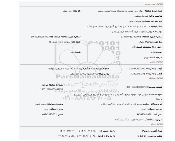 مزایده، روغن موجود در فروشگاه عمده فروشی روغن