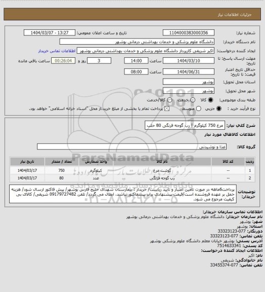 استعلام مرغ 750 کیلوگرم | رب گوجه فرنگی 80 حلب