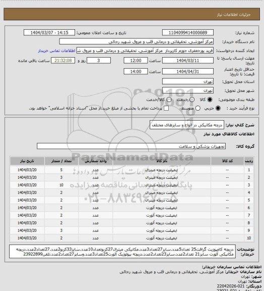 استعلام درچه مکانیکی در انواع و سایزهای مختلف
