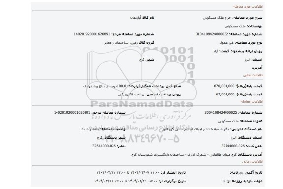 مزایده، ملک مسکونی