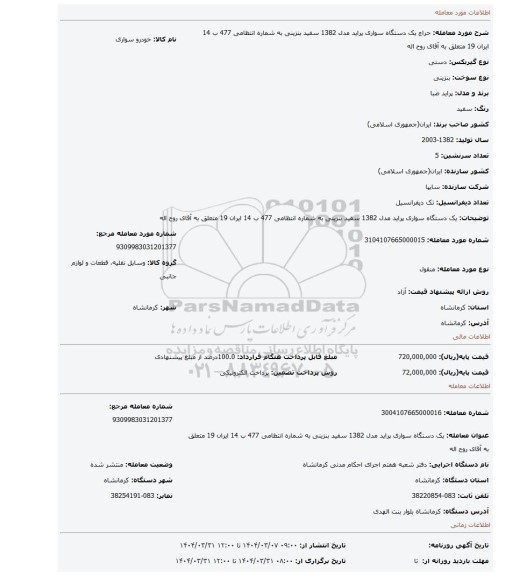 مزایده، یک دستگاه سواری پراید مدل 1382 سفید بنزینی به شماره انتظامی 477 ب 14 ایران 19 متعلق به آقای روح اله