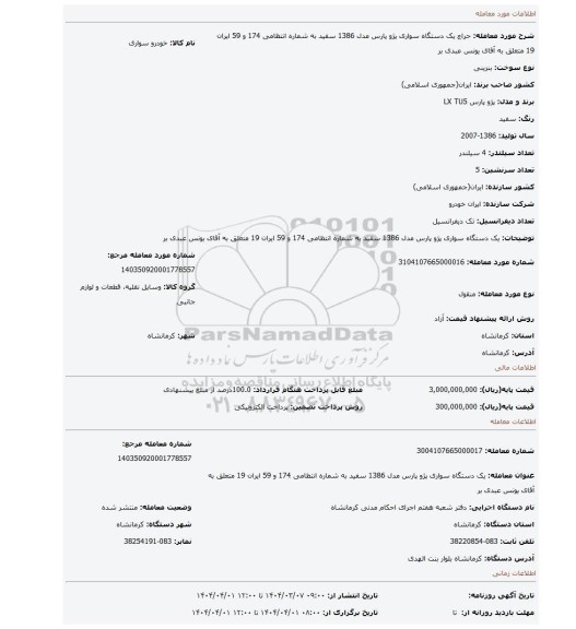 مزایده، یک دستگاه سواری پژو پارس مدل 1386 سفید به شماره انتظامی 174 و 59 ایران 19 متعلق به آقای یونس عبدی بر
