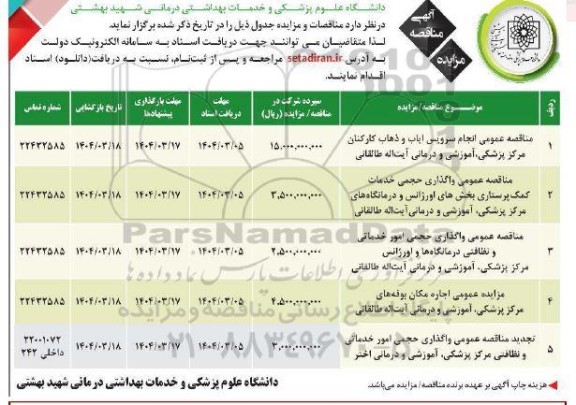 مزایده و مناقصه اجاره مکان بوفه های مرکز پزشکی، آموزشی و درمانی ....