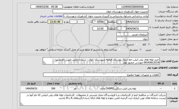 استعلام خرید لوله های پلی اتیلن خط انتقال روستای...