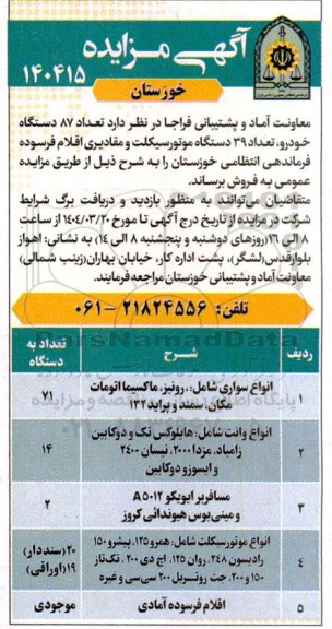 مزایده تعداد 87 دستگاه خودرو تعداد 39 دستگاه موتورسیکلت و مقادیری اقلام فرسوده ...