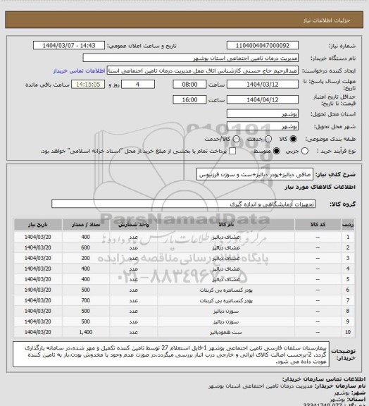 استعلام صافی دیالیز+پودر دیالیز+ست و سوزن فرزنیوس