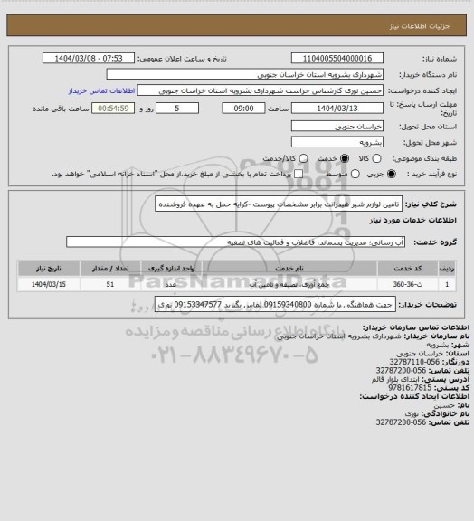 استعلام تامین لوازم شیر هیدرانت برابر مشخصات پیوست -کرایه حمل به عهده فروشنده