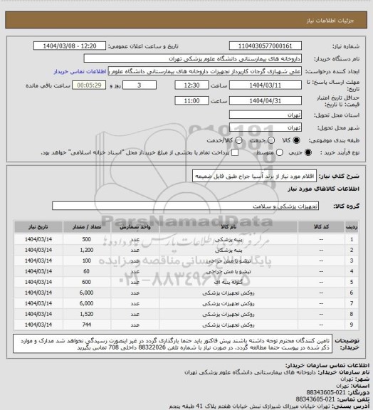 استعلام اقلام مورد نیاز از برند آسیا جراح
طبق فایل ضمیمه
