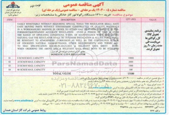 مناقصه  خرید 13100 دستگاه رگولاتور گاز خانگی- نوبت دوم