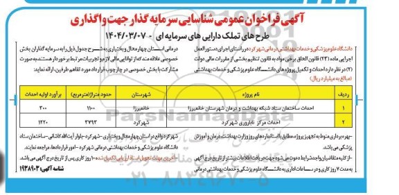 فراخوان عمومی شناسایی سرمایه گذار جهت واگذاری طرح های تملک دارایی های سرمایه ای 