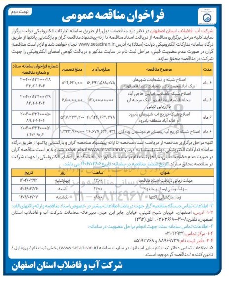 مناقصه اصلاح شبکه و انشعابات شهرها و ...- نوبت دوم