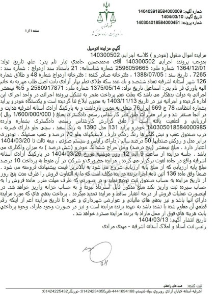 مزایده فروش یکدستگاه خودرو پراید 131 مدل 1390 به رنگ سفید