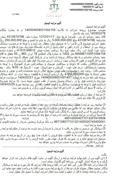 مزایده فروش یکدستگاه خودروی سواری هاچ بک کوییک مدل 1402