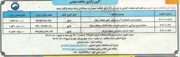 مناقصه عملیات نصب انشعابات آب و تعویض کنتور منطقه برخوار...
