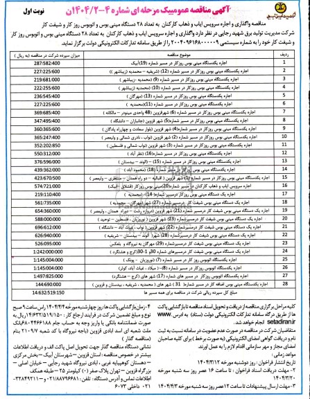 مناقصه واگذاری و اجاره سرویس ایاب و ذهاب کارکنان به تعداد 28 دستگاه مینی بوس ...