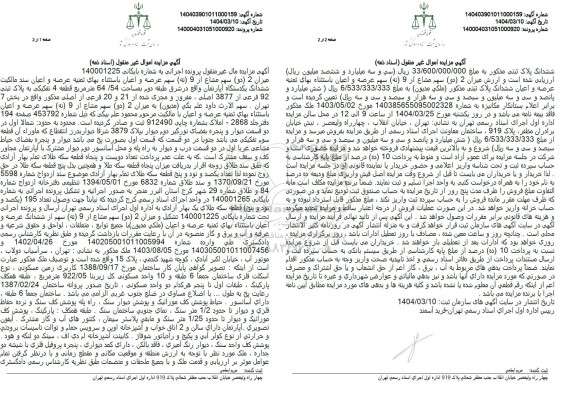 مزایده فروش یکدستگاه اپارتمان به پلاک ثبتی 92 فرعی از 3877 اصلی