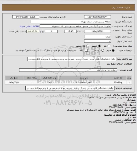 استعلام واگذاری نمایندگی قبول پستی شهرک صنعتی نصیرآباد به بخش خصوصی با عنایت به فایل پیوستی