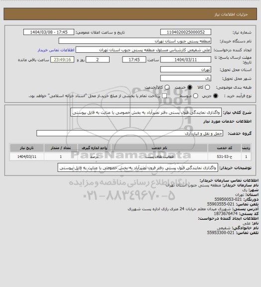استعلام واگذاری نمایندگی قبول پستی دفتر نصیرآباد به بخش خصوصی با عنایت به فایل پیوستی