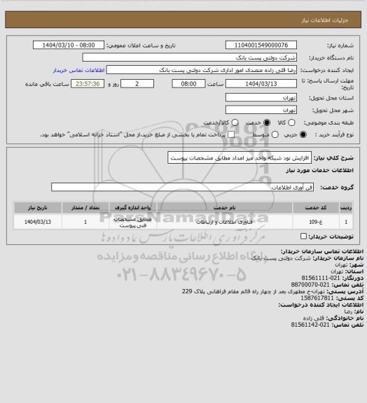 استعلام افزایش نود شبکه واحد میز امداد مطابق مشخصات پیوست