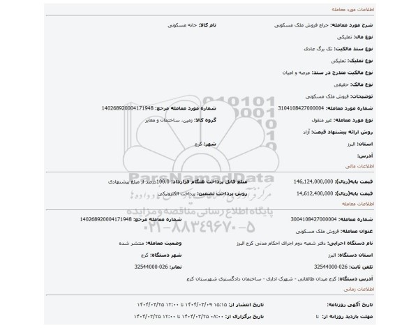 مزایده، فروش ملک مسکونی