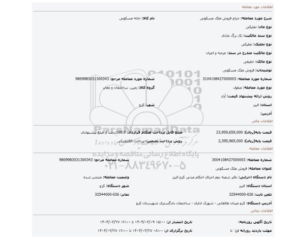 مزایده، فروش ملک مسکونی