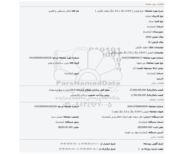 مزایده، فروش ( 0.014 دانگ از 3.5 دانگ مغازه جگرکی )