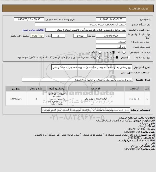 استعلام نیرو رسانی به دو حلقه چاه پارسیلون(ماسور) شهرستان خرم آباد-مسکن ملی