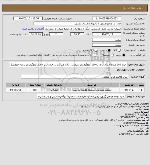 استعلام خرید 500 کیلوگرم بذور مرتعی (150 کیلوگرم بذر آتریپلکس، 150 کیلوگرم بذر قیچ بالدار و 200 کیلوگرم بذر یونجه حلزونی)