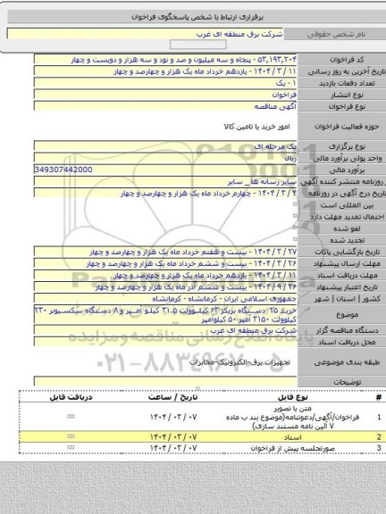 مناقصه, خرید ۲۵  دستگاه بریکر ۶۳ کیلوولت ۳۱.۵ کیلو آمپر و ۸ دستگاه سکسیونر ۲۳۰ کیلوولت ۳۱۵۰ آمپر ۵۰ کیلوآمپر