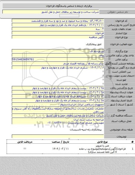 مناقصه, عملیات تکمیلی احداث ساختمانها و محوطه سازی ایستگاههای راه آهن سبزوار و بین راهی