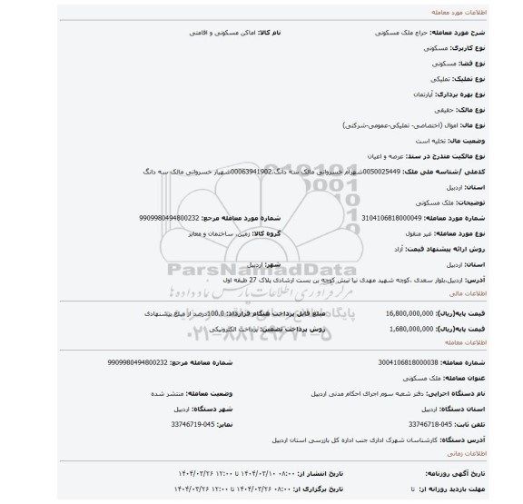 مزایده، ملک مسکونی