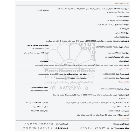 مزایده، فروش ملک مشاعی به پلاک ثبتی 2398/59919 به مقدار 3/15 صدم دانگ مشاع از 6 دانگ بابت محکوم به