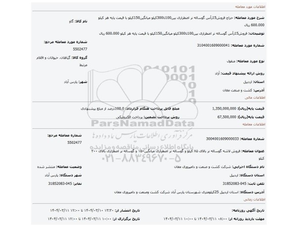 مزایده، فروش15رأس گوساله نر اضطراری بین100تا300کیلو میانگین150کیلو با قیمت پایه هر کیلو 600.000 ریال