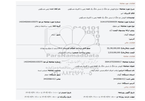 مزایده، فروش دو دانگ از شش دانگ یک قطعه زمین با کاربری مسکونی